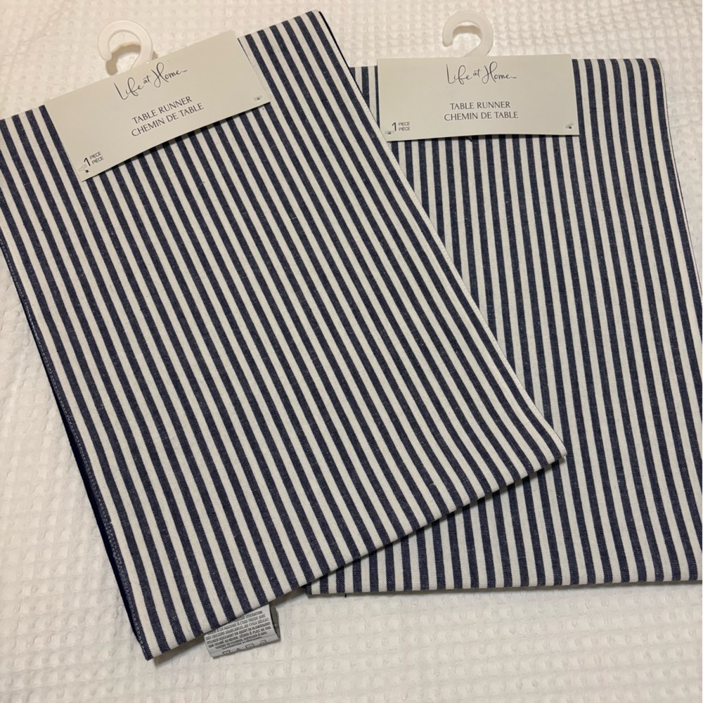 NWT 2 table runners navy white stripe shabby chic nautical